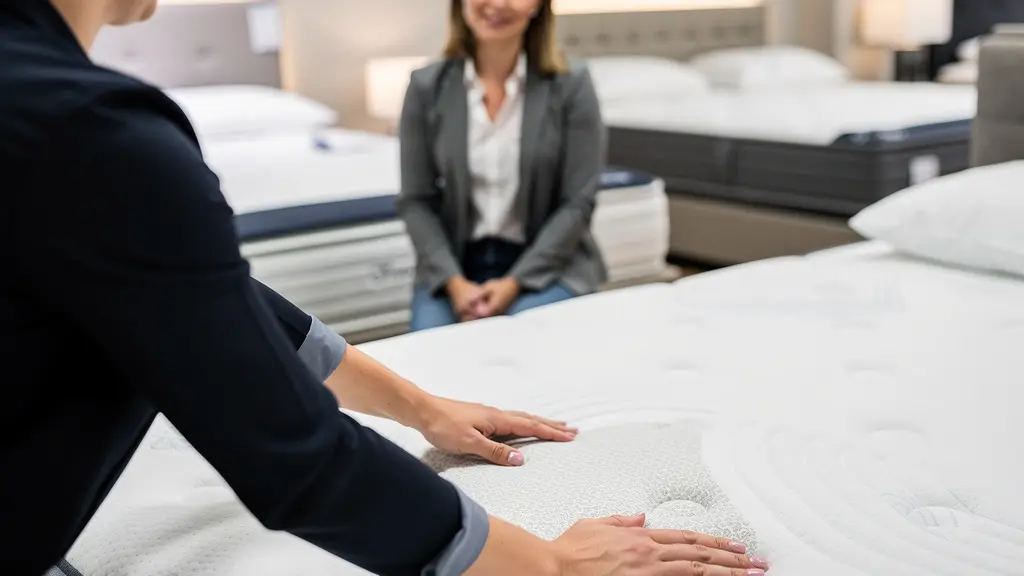 Conseiller en literie présentant les zones de fermeté d'un matelas équilibré en showroom