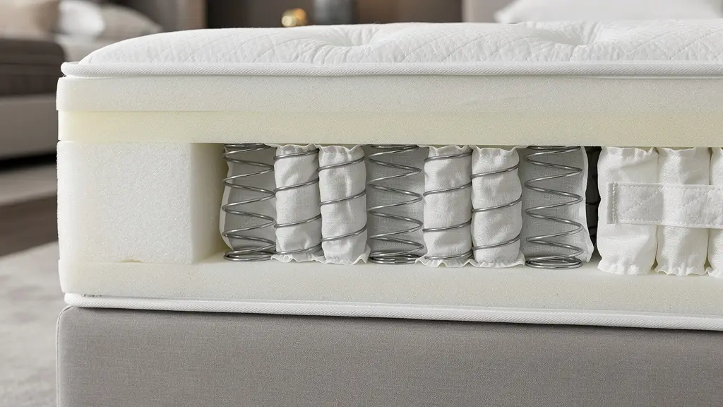 Coupe transversale d'un matelas à ressorts ensachés montrant les couches internes et le zonage