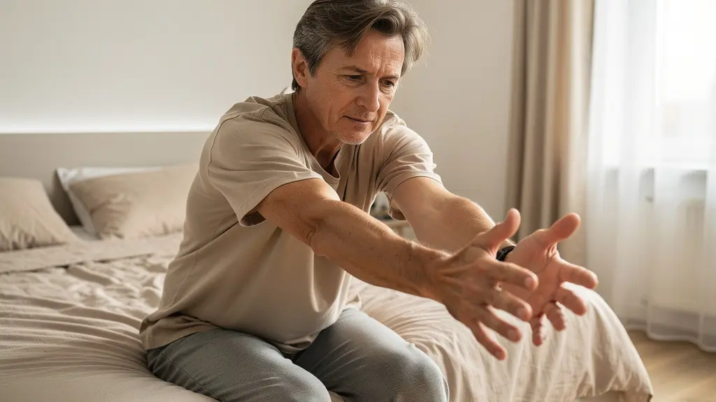 Personne s'étirant au réveil sur son lit après une nuit reposante sur matelas équilibré